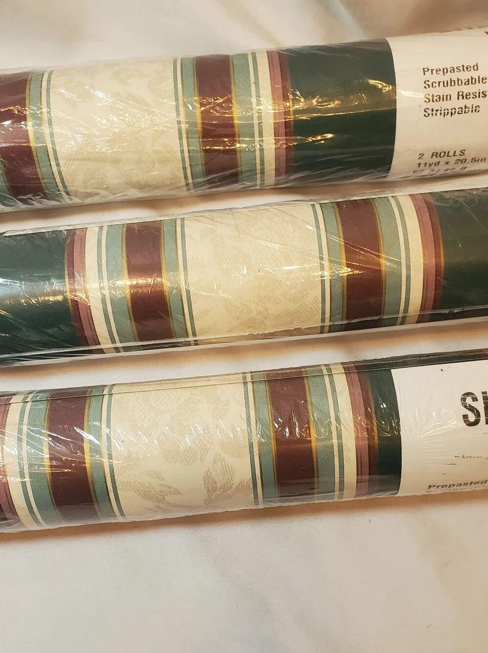 Shelbourne Vtg Striped Green Cream Wallpaper Double Roll 56.37 Sq Ft, Lot Of 3